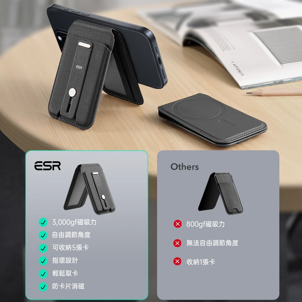 ESR 億色 都尚系列 HaloLock iPhone 12 以上 磁吸卡包 支架款, 黑