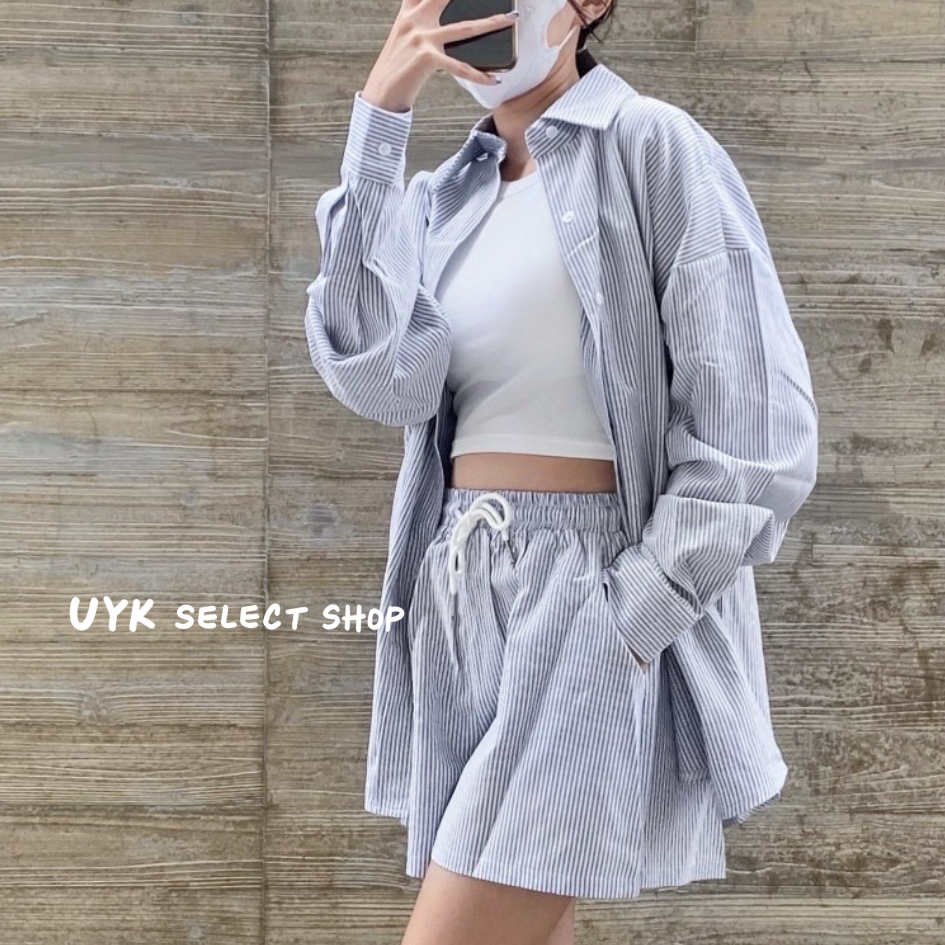 UYK 】現貨推薦 韓系條紋襯衫+短褲套裝 | 蝦皮購物