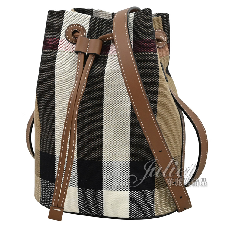 茱麗葉精品】BURBERRY 8084045 經典格紋帆布拼接牛皮斜背束口