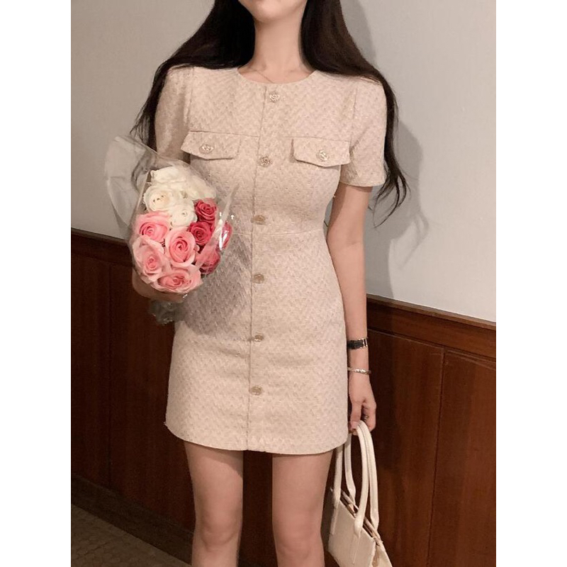 Dreamy Dress 拼色小香風圓領短袖連身裙 - Brown Cream 粉啡色 (CB582)