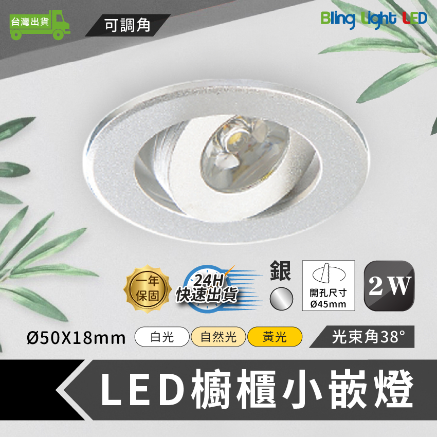 Bling Light LED LED 2W櫥櫃可調角小嵌燈 展示燈/書櫃燈 聚光款 開孔4.5CM 霧銀色 三種燈色 | 蝦皮購物