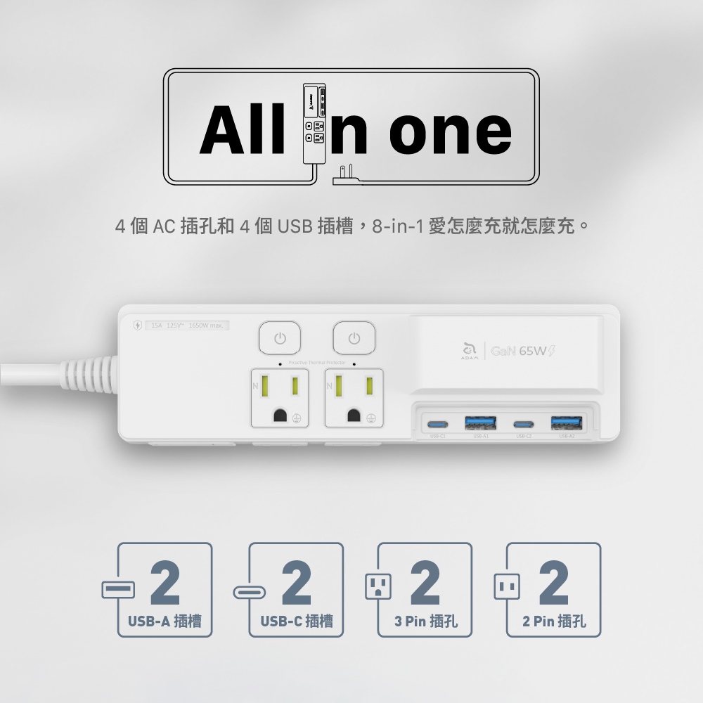ADAM 亞果元素 OMNIA G65 65W 智慧快充延長線