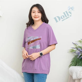 Dolly多莉大碼專賣店 台灣現貨  大尺碼V領彩塊燙畫冰棉T恤(紫色) 161