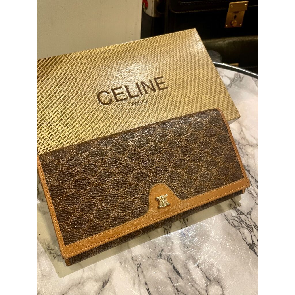 vintage CELINE 古董CELINE monogram 凱旋門Triomphe咖啡色老花對折口金釦長夾 | 蝦皮購物