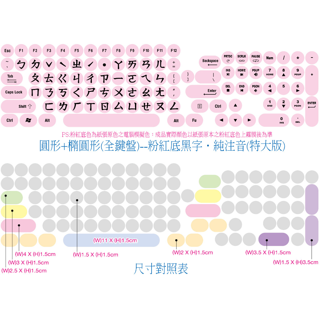 .ღ【綠光艸堂】訂製鍵盤貼紙．採客製化‧Mac‧三星‧LG‧ASUA‧圓形+橢圓形（全鍵盤）‧粉紅底黑字純注音(特大版) | 蝦皮購物