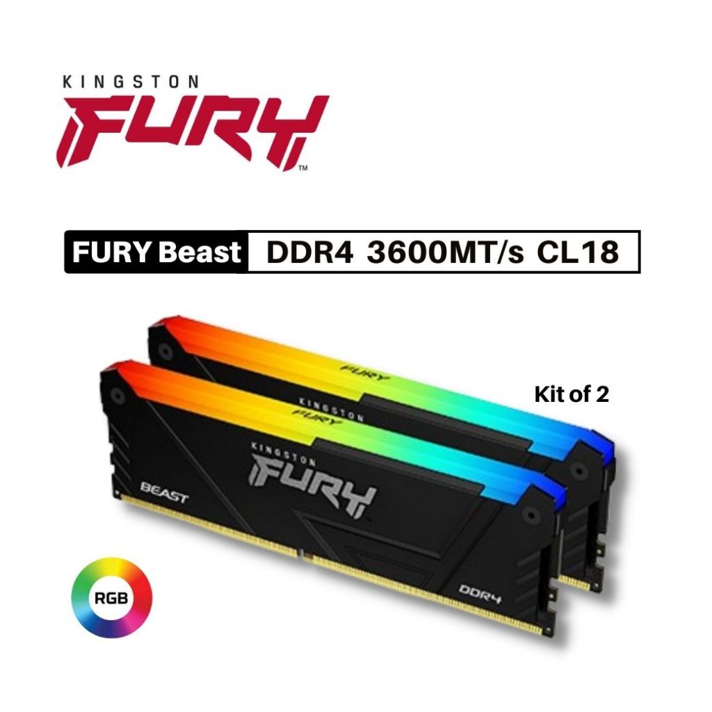 金士頓FURY DDR4 3600 RGB 雙通道記憶體(2支裝) 8GB*2 16GB*2 32GB*2