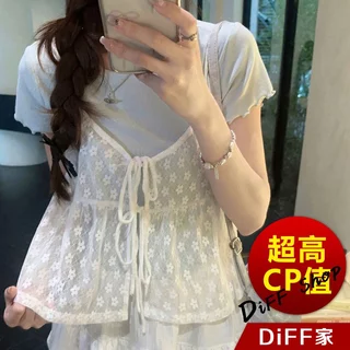 【DIFF】韓版蕾絲網紗疊穿背心 ��小可愛 女裝 衣服 短版上衣 夏天女裝 薄外套 罩衫 蕾絲外套 T614【V379】