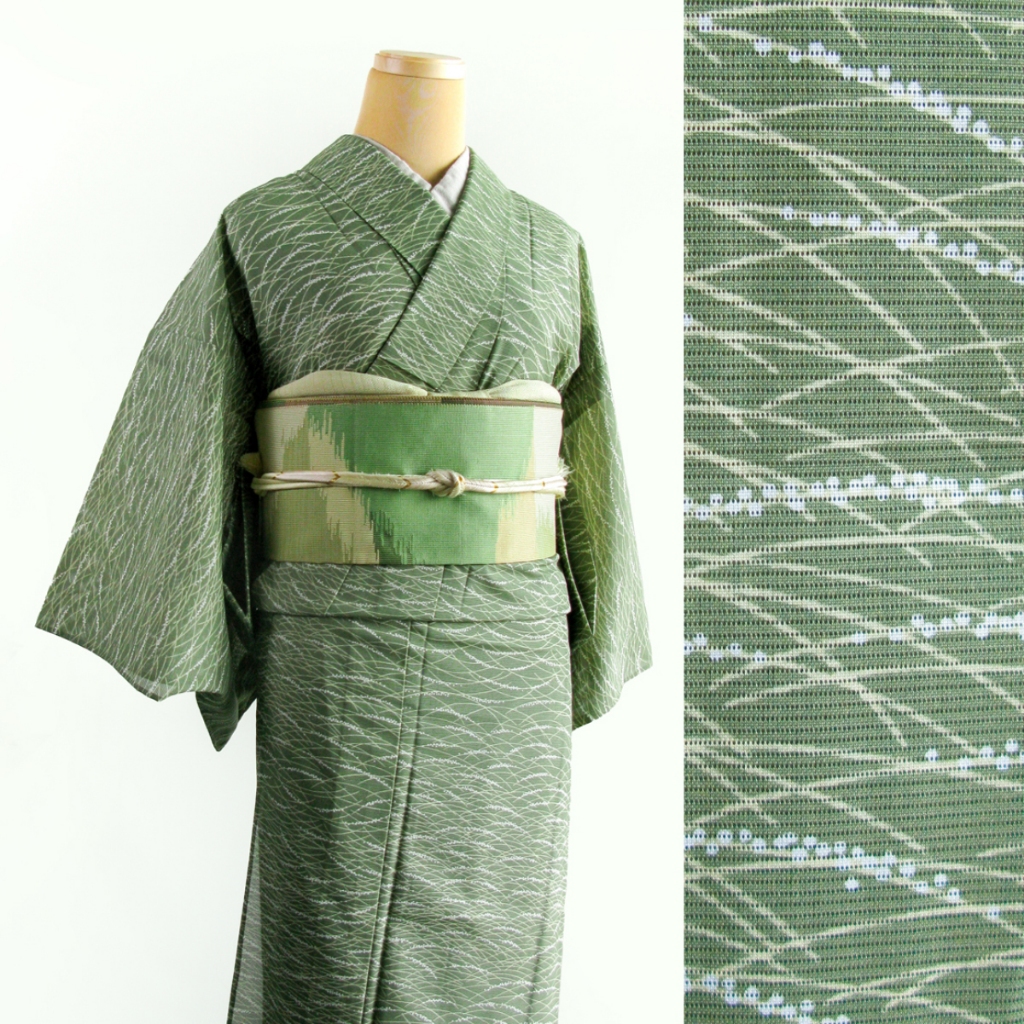 【suzume】中古夏季和服 : 泛花芝草 [ 絽小紋 手縫化纖 長152 / 衍63(68) ] 綠色和服