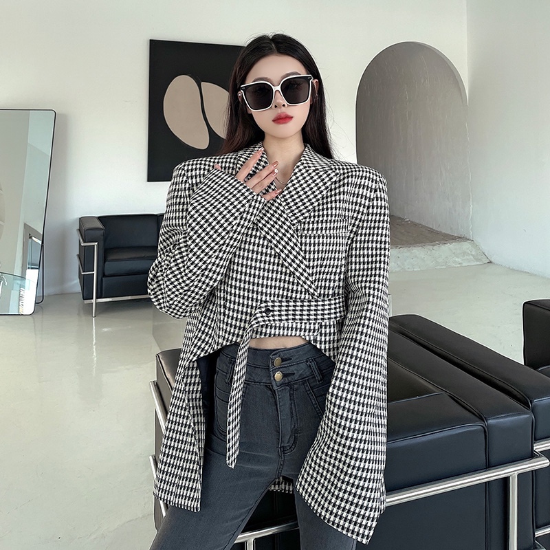 Y2 style ️千鳥格不規則短版西服外套 ️Y2style歐美設計款寬鬆中大尺碼K4-001 | 蝦皮購物