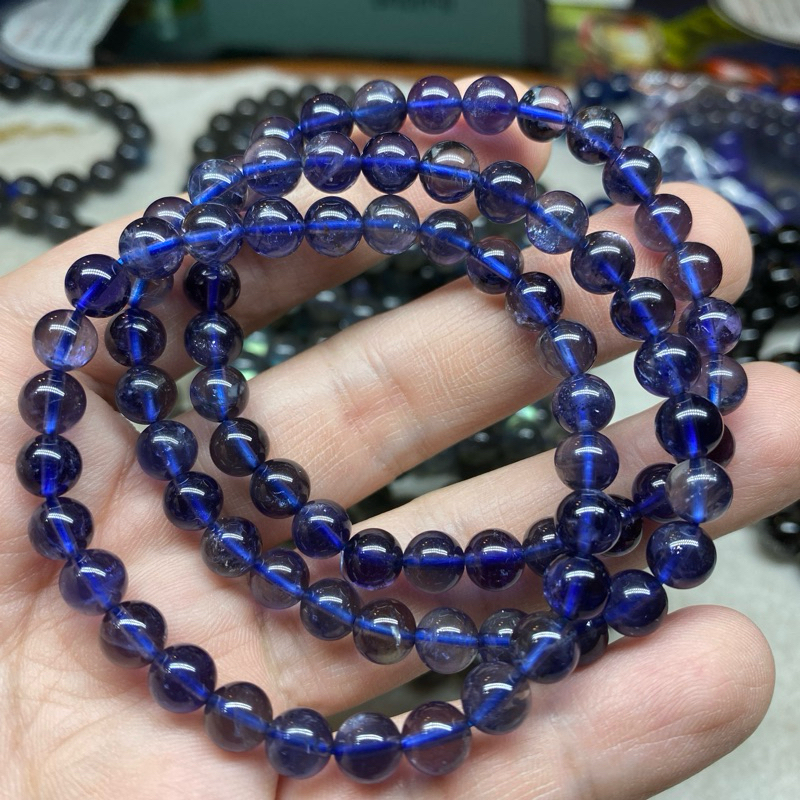 新款堇青石單圈Lolite A級晶體菫青石單圈手鍊天然水晶diy材料| 蝦皮購物