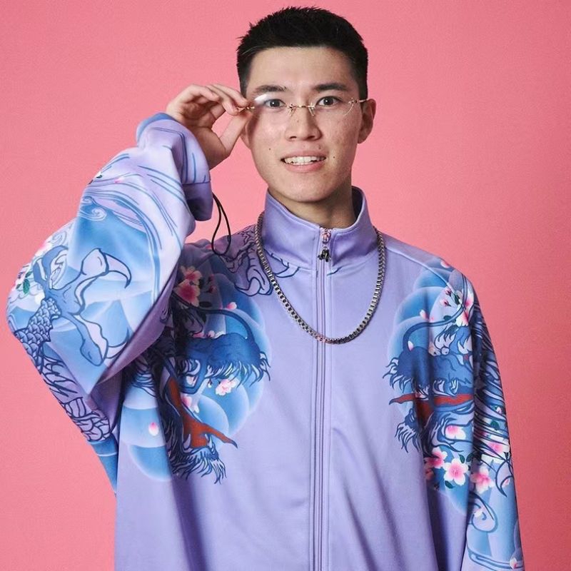 硬骨頭)日本GALFY 四代目卍上下套裝櫻花龍印染黑道爆走硬派(紫色