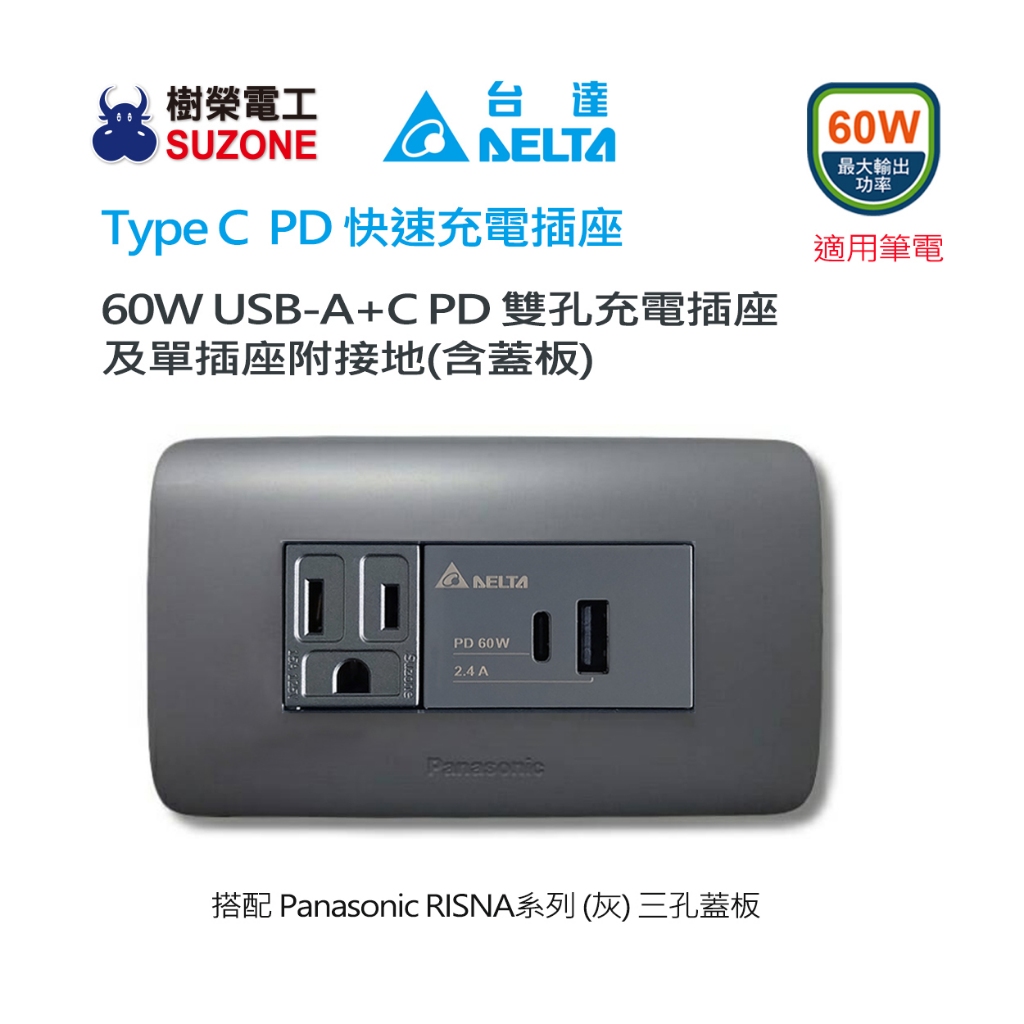 【樹榮電工SUZONE】60W USB A+C PD充電插座/台達電子 Type C 插座/RISNA(灰)蓋板 | 蝦皮購物