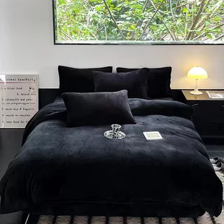 「Yun臻」牛奶絨床包四件組 法蘭絨床包 ins風 法蘭絨被套 雙面可用 黑色床包組 保暖柔軟親膚 床包組雙人 客製化