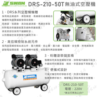 220V SWAN 或110V 天鵝牌 DRS-210-50T 無油空壓機 DRS210-50T 50公升 直結式空壓機