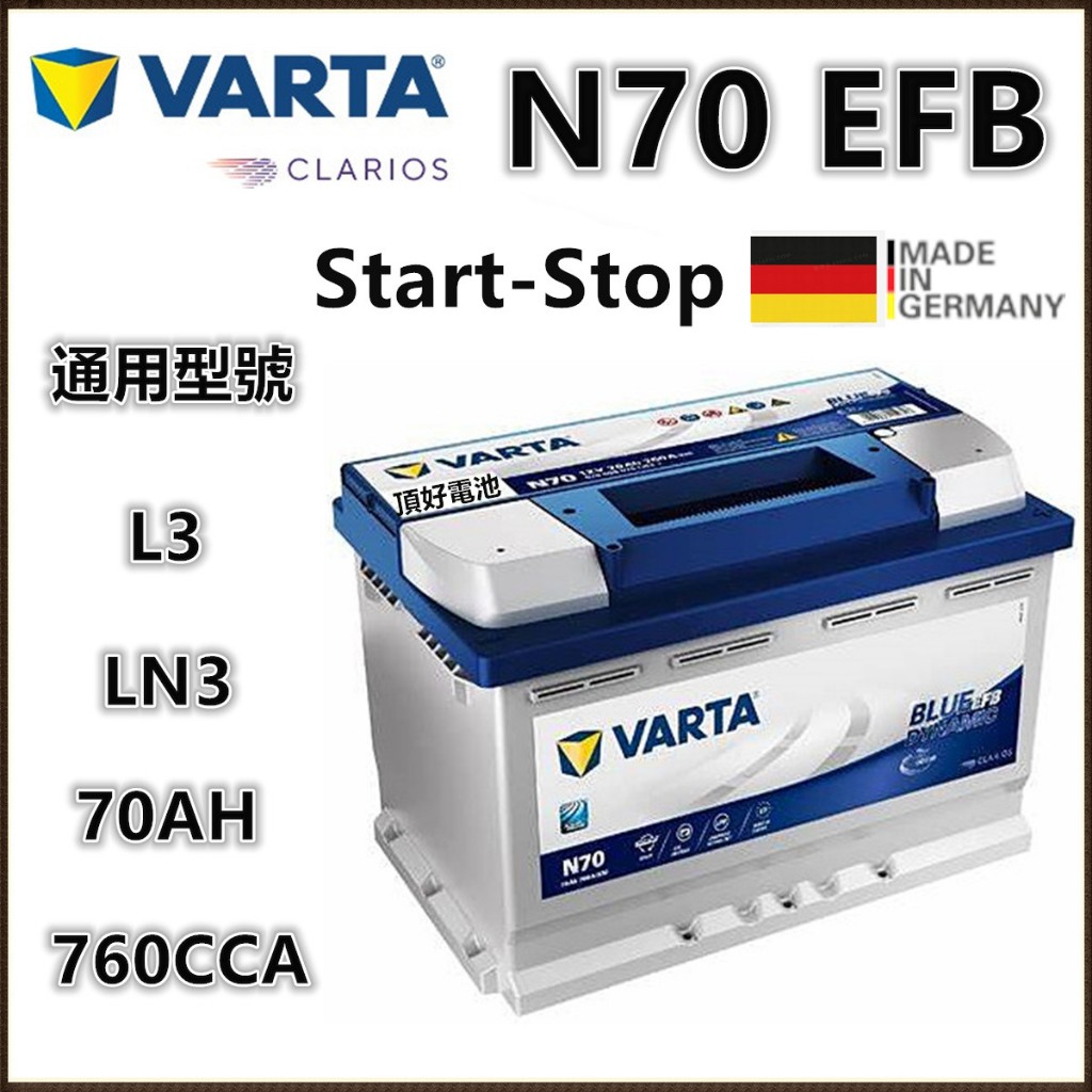 頂好電池-台中德國VARTA N70 EFB 70AH 免保養汽車電池LN3 L3 怠速啟停系統柴油車款