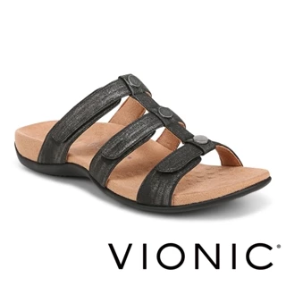 【VIONIC 法歐尼】Amber安柏 質感金屬扣點綴設計腳背高度三段可調時尚拖鞋矯正鞋足弓鞋(黑/白 共兩色)