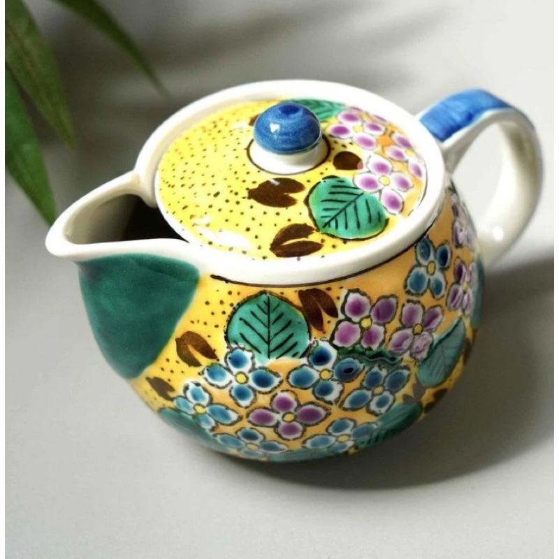 日本藝術茶壺九谷燒Kutani seal日式茶壺附紙盒日式手作陶瓷窯製彩繪青