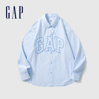 Gap 男女同款 Logo純棉翻領長袖襯衫-藍色(461250)