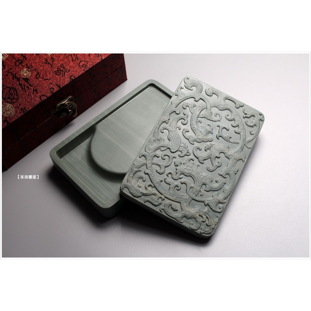 【禾洛書屋】D.084 中國名硯(硯台)松花江硯(博古圖騰)刷絲綠紋《收藏硯》錦盒收藏 | 蝦皮購物