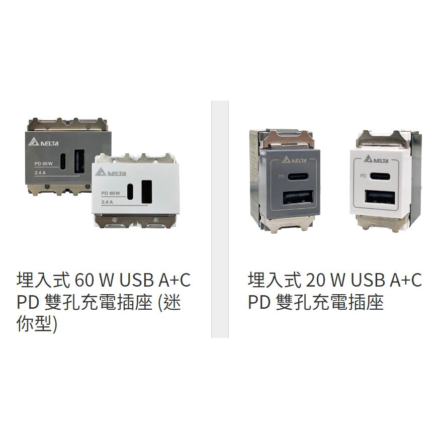 台達電 埋入式 60W 20W USB A+C PD 充電 插座 Type C插座 快充 開關切 手機 平板 飯店 民宿 | 蝦皮購物