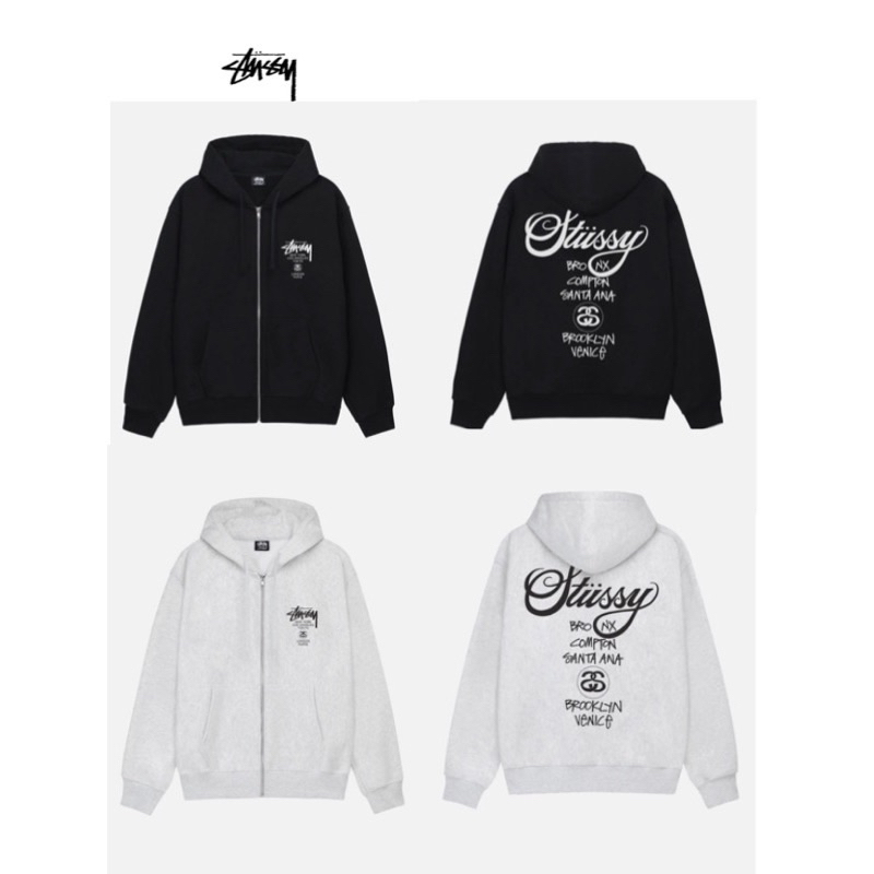 美國代購23 STUSSY WORLD TOUR JACKET 灰/黑 黃連帽外套 刷毛 棉質 世界巡迴