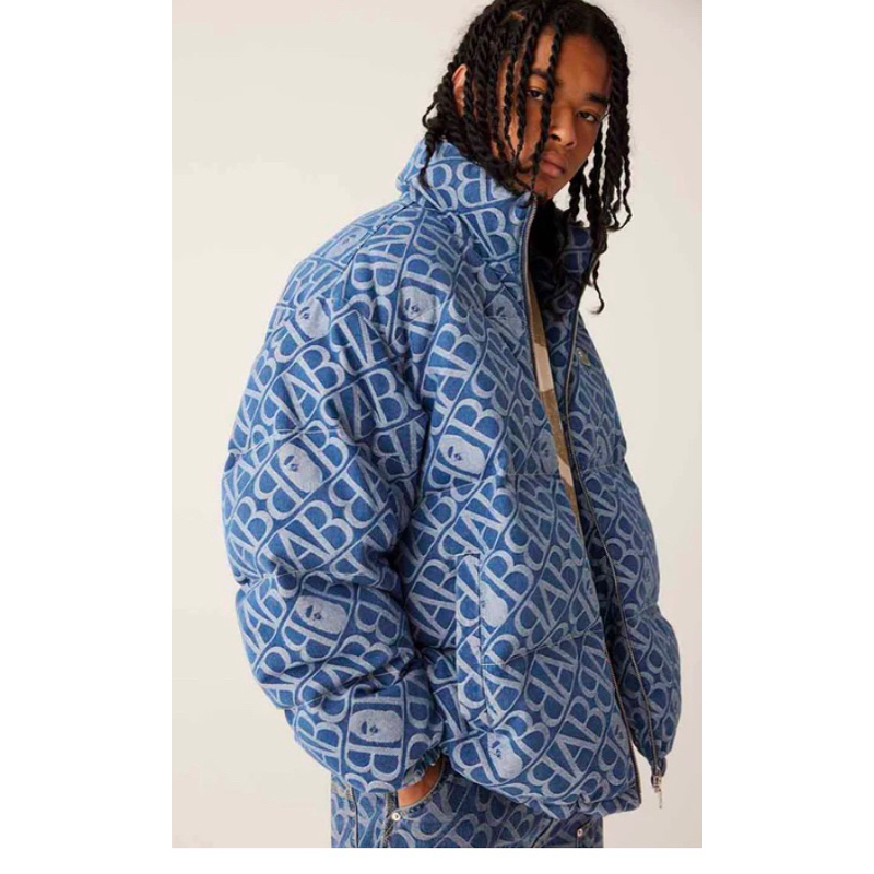 BAPE Denim Monogram Puffer Down Jacket Blue