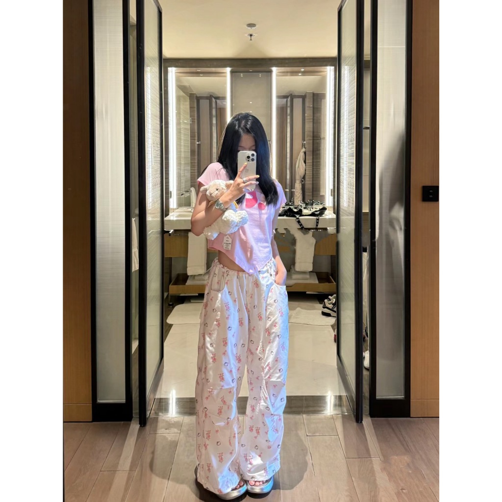 🇰🇷 open yy&hello kitty 凱蒂貓印花直筒褲jennie同款碎花工裝
