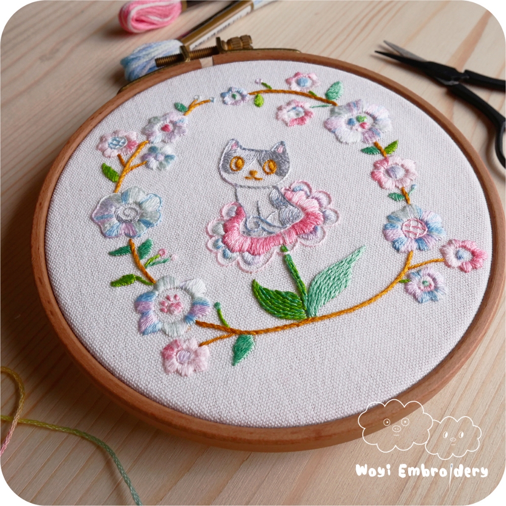 ꒰基礎刺繡-貓咪的小種子꒱教學影片 櫸木繡框 DMC繡線 刺繡針 DIY.刺繡材料包 說說想刺繡 刺繡新手初學 | 蝦皮購物