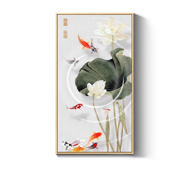千尋】附發票玄關裝飾畫新中式豎版九魚圖荷花壁畫走廊盡頭掛畫荷韻蓮花