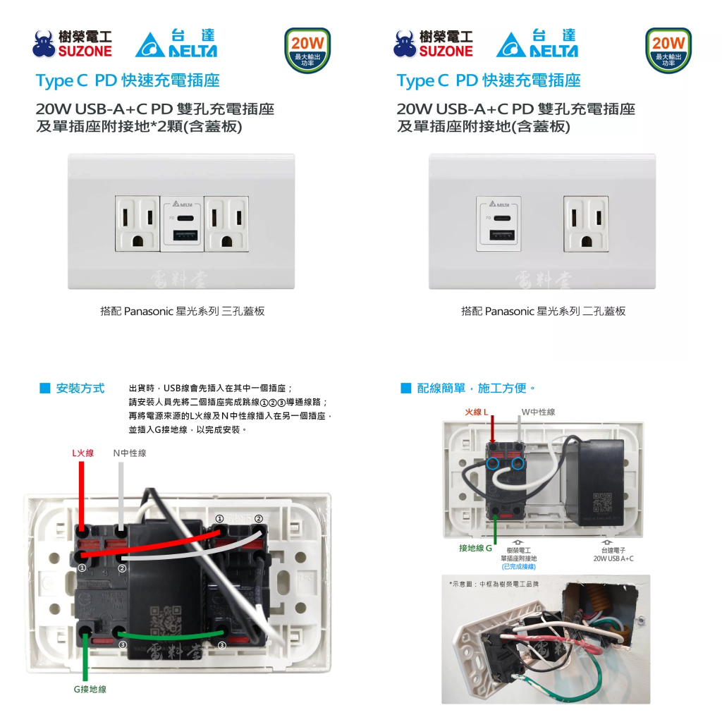 【台達電】20W USB A+C PD 充電插座 Type C 插座 快充插座 樹榮 USB快充 PD快充 | 蝦皮購物