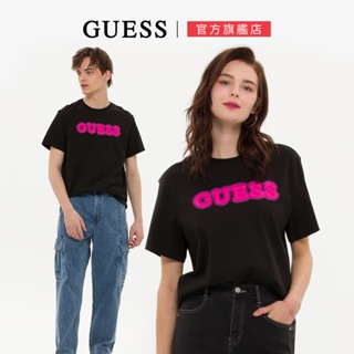 【GUESS】男女同款-街頭風格LOGO個性短T-黑