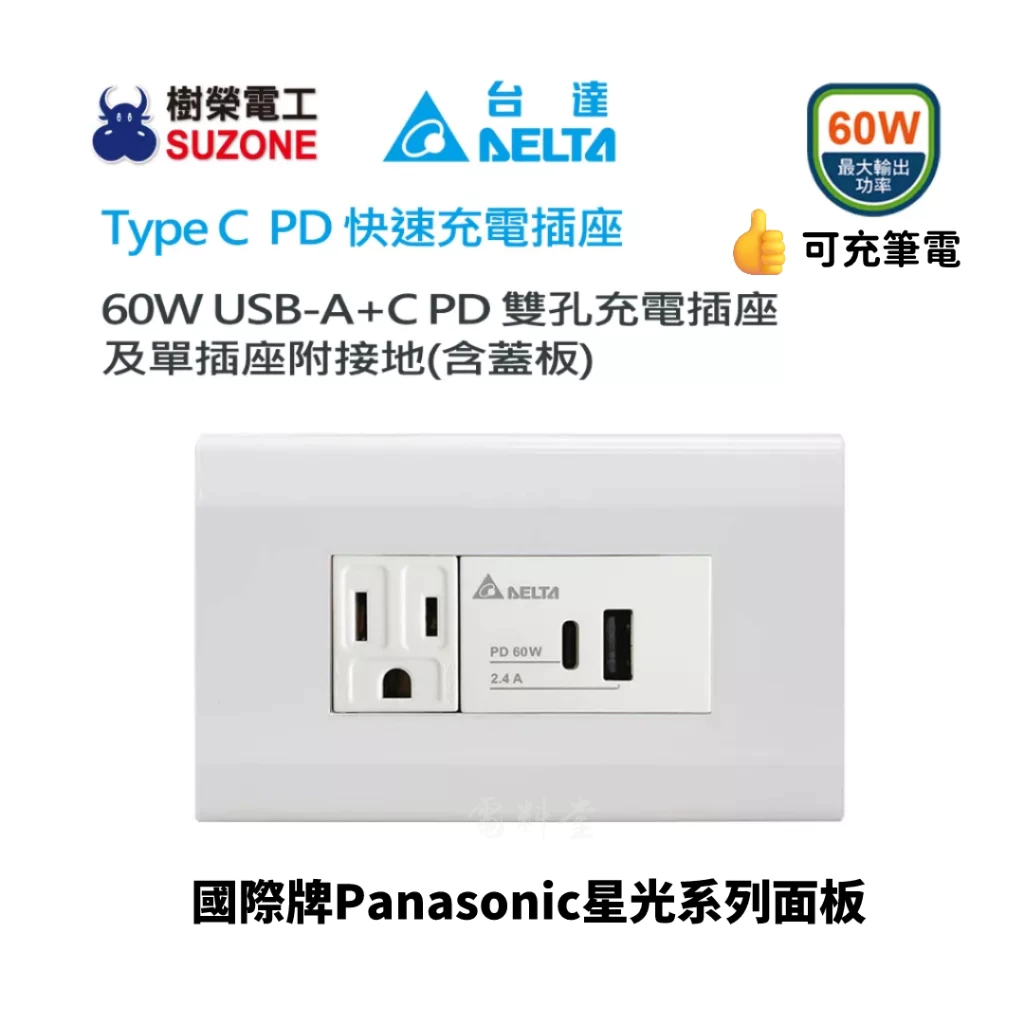 60W 最快 可充筆電【台達電Delta】國際牌面板 USB A+C PD 充電插座 Type C 插座 快充插座 | 蝦皮購物