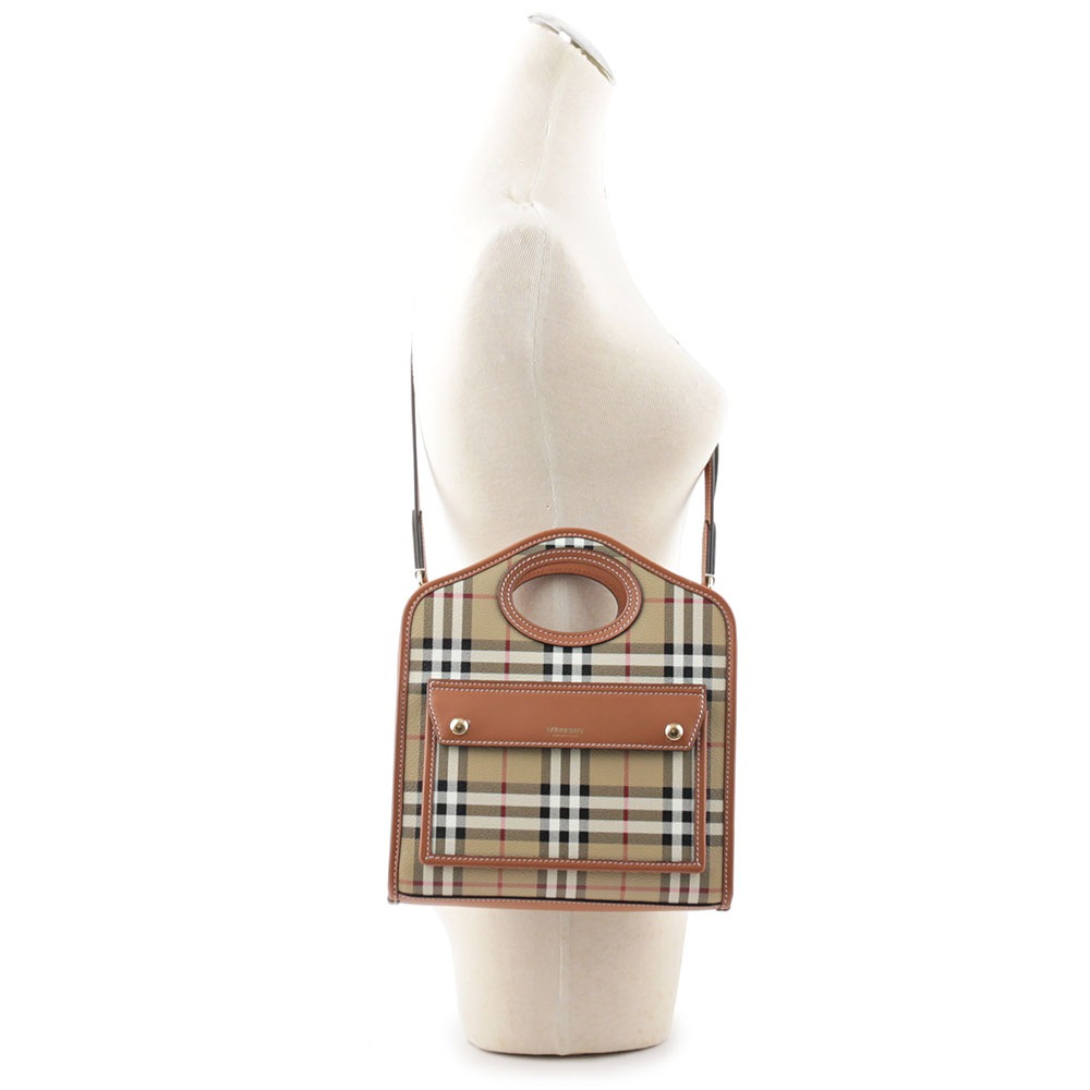 BURBERRY 格紋拼皮革手提/斜背口袋包(Mini)(石楠木棕色) 8066166 A9534 | 蝦皮購物
