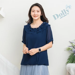 Dolly多莉大碼專賣店  台灣現貨  大尺碼氣質雙層荷葉領口釘珠雪紡上衣(藍色)888