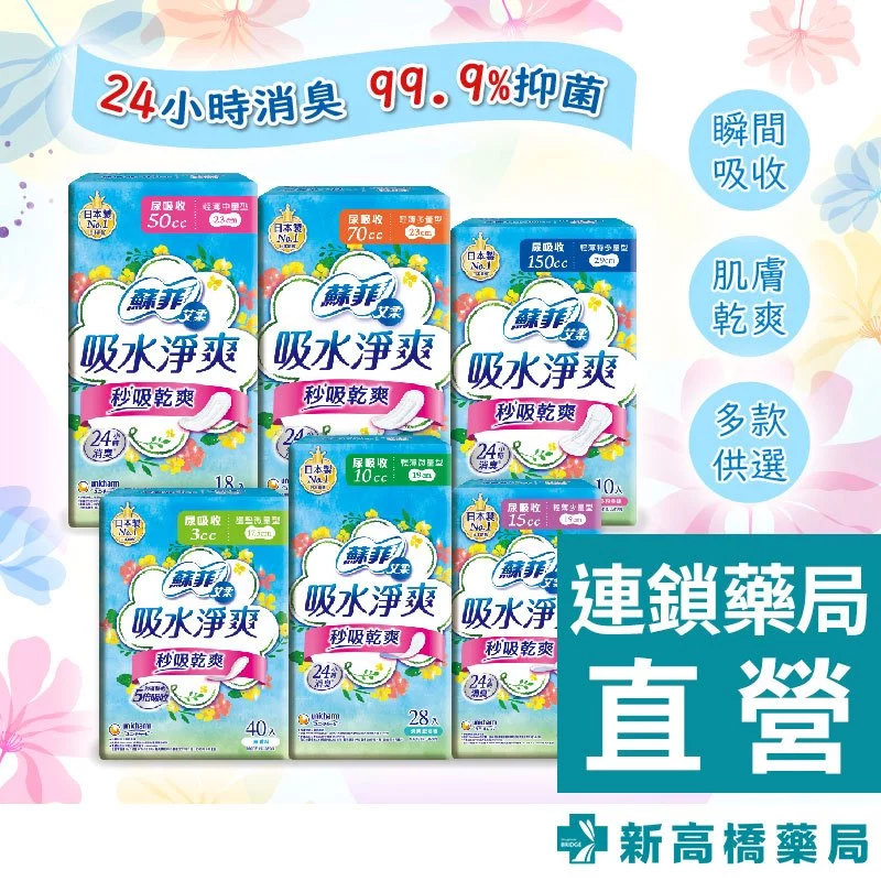 SOFY 蘇菲 艾柔吸水淨爽輕薄護墊 微量型/少量型/中量型/多量型/特多量型【新高橋藥局】多款供選