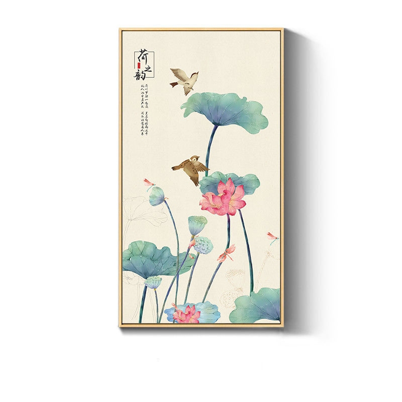 千尋】附發票玄關裝飾畫新中式豎版九魚圖荷花壁畫走廊盡頭掛畫荷韻蓮花