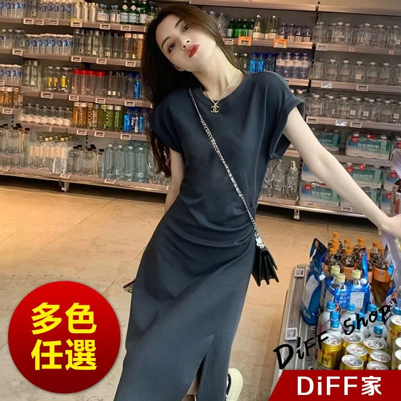 【DIFF】 氣質收腰顯瘦休閒開叉短袖洋裝 套裝 長裙 短袖上衣 長版上衣 夏天女裝 衣服 連身裙 連衣裙【T609】