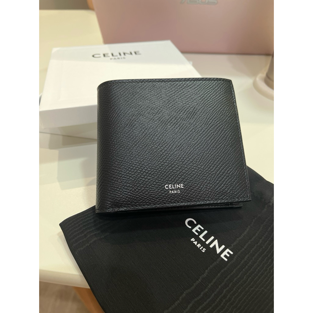 Celine 雙摺錢包 皮夾 零錢袋 短夾 黝黑色 全新 | 蝦皮購物