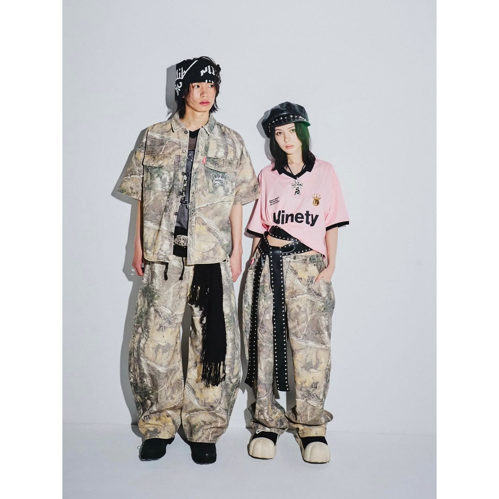 9090 King Logo Double Knee Buggy Pants 復古水洗刺繡寬鬆雙膝牛仔褲