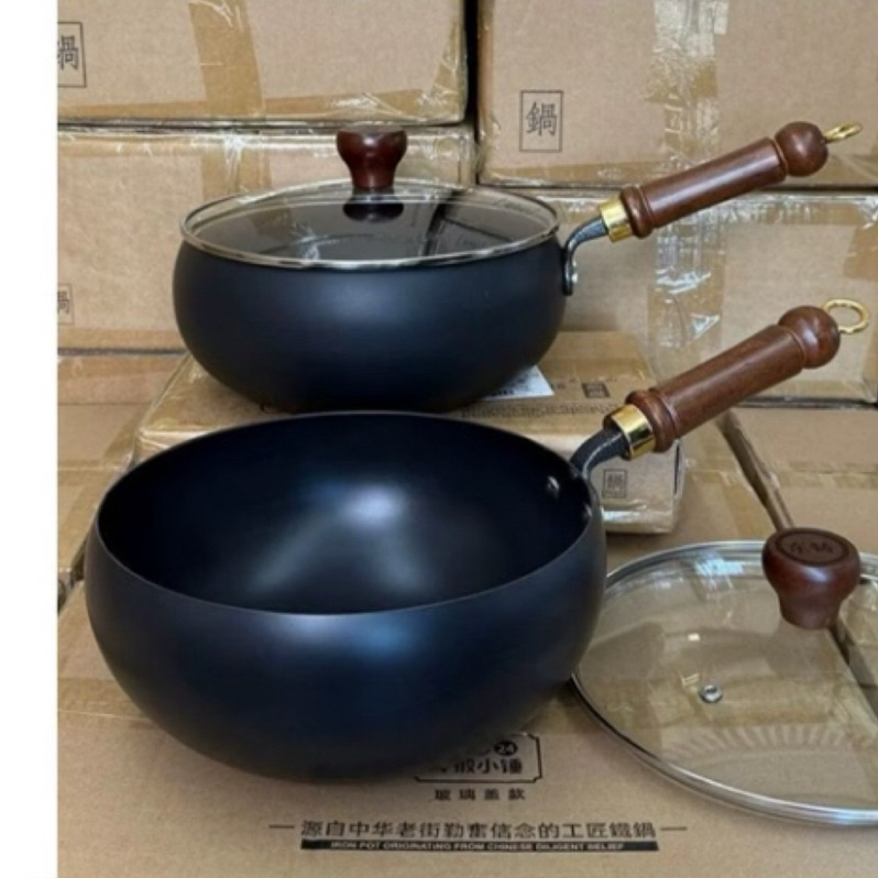 【台灣出貨】正品章丘大铁锅 家用不粘锅 单涂层大肚锅 24cm锻打 炒锅 铁锅 平底锅 带盖 | 蝦皮購物