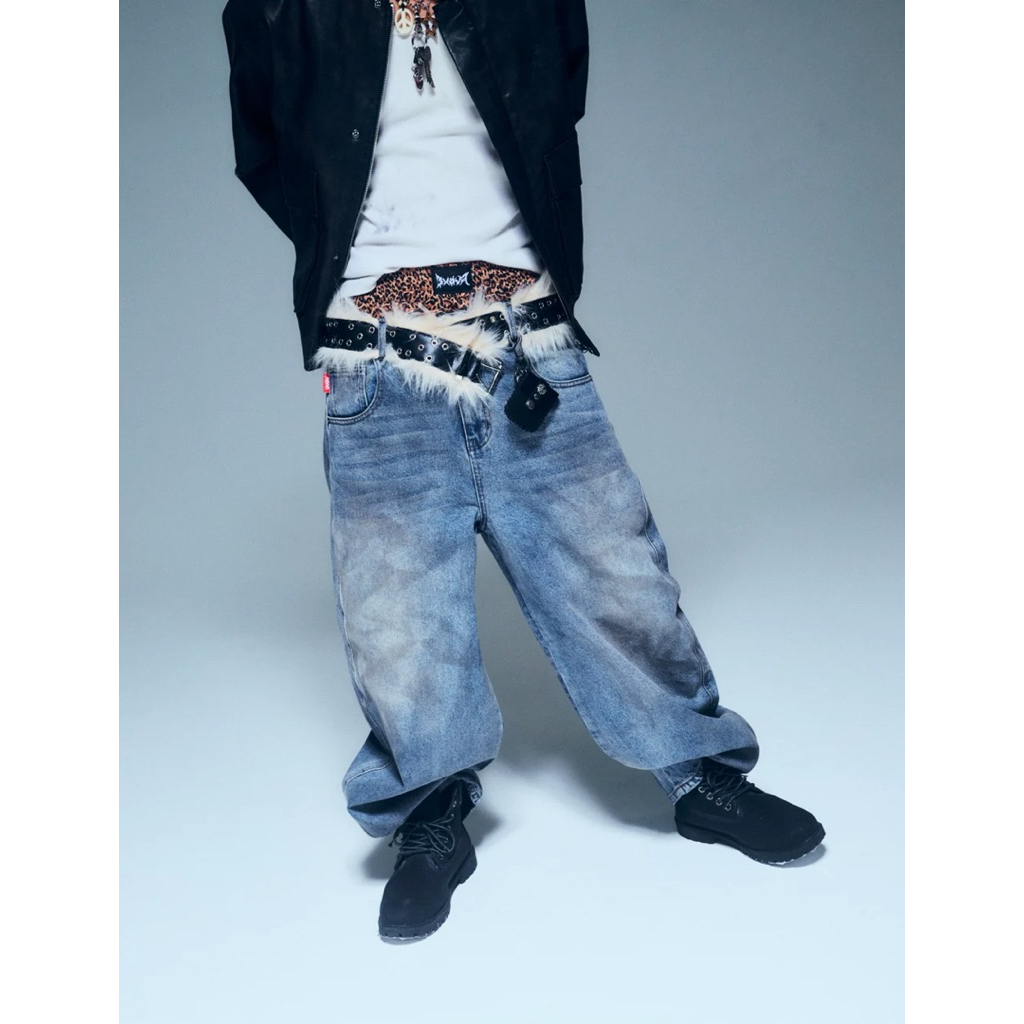 9090 King Logo Slub Denim Buggy Pants | 蝦皮購物