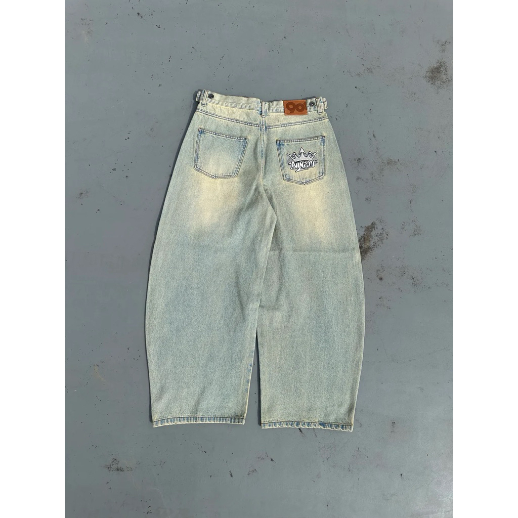 9090 King Logo Slub Denim Buggy Pants | 蝦皮購物