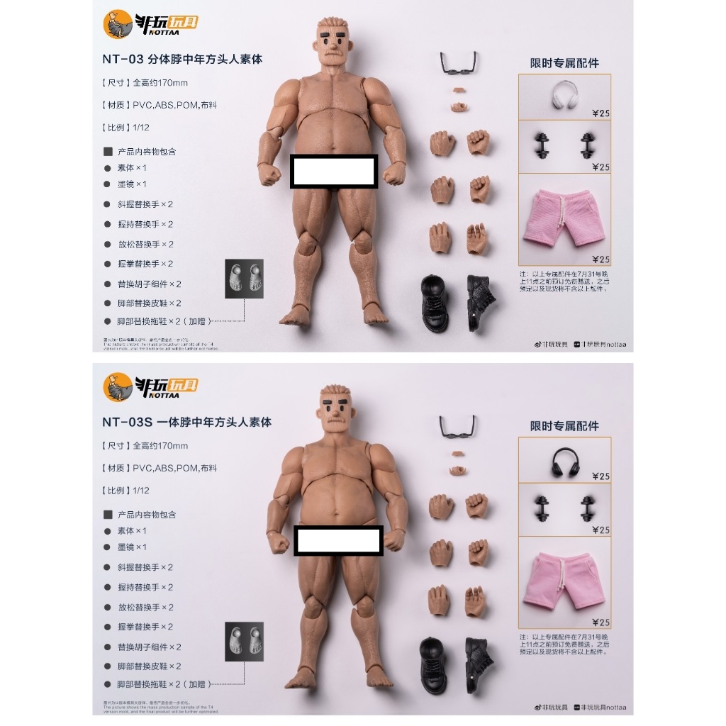 杯麵宅品】第三季預購再版非玩玩具NT-03 中年方頭人1/12 素體可動