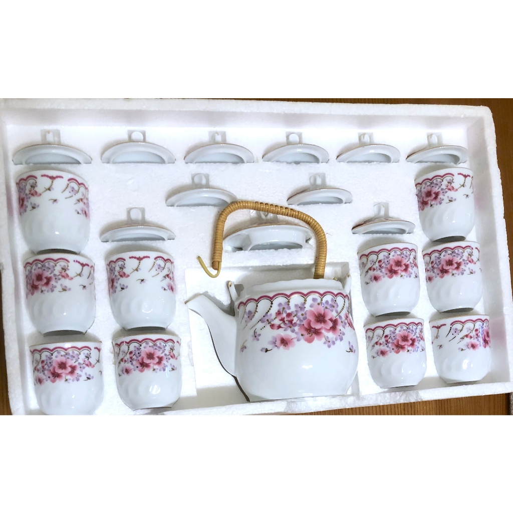 早期大同磁器特白瓷器花茶具組1茶壼+10茶杯含杯蓋懷舊絕版| 蝦皮購物
