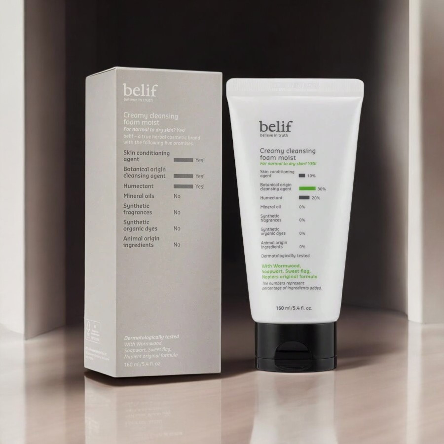 Nettoyant Moussant Belif Creamy Cleansing Foam Moist 160ml - Infusé Aux Herbes, Hydratant