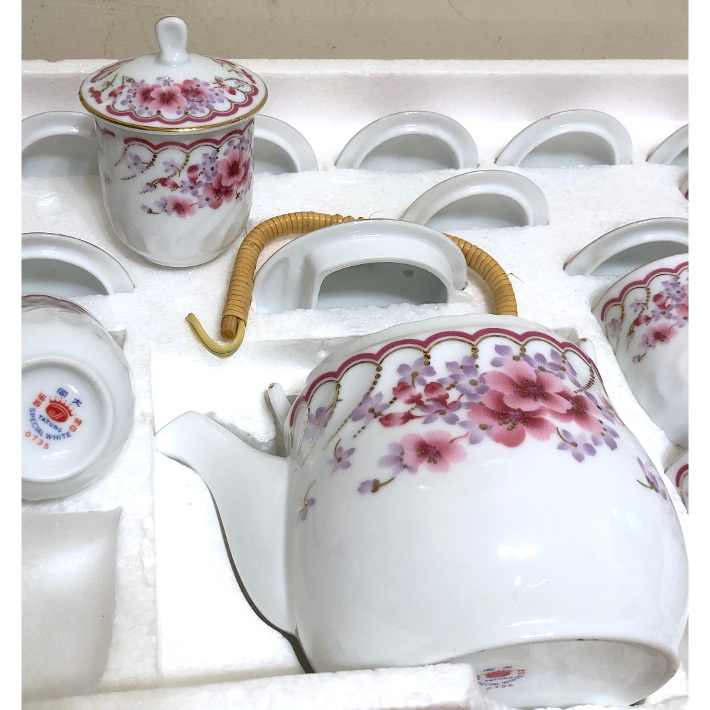 早期大同磁器特白瓷器花茶具組1茶壼+10茶杯含杯蓋懷舊絕版| 蝦皮購物