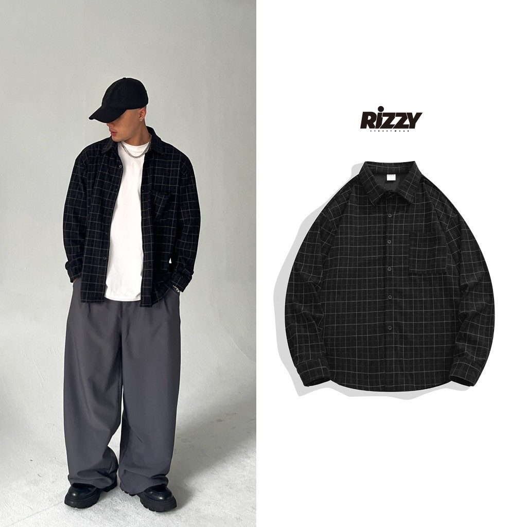 『Rizzy』黑底白線格紋燈芯絨長袖襯衫 格子襯衫 燈芯絨 cleanfit | 蝦皮購物