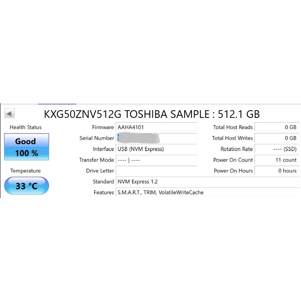 SSD NVMe Toshiba XG5 512 Go M.2 2280 - Modèle KXG50ZNV512G, Occasion Fonctionnelle