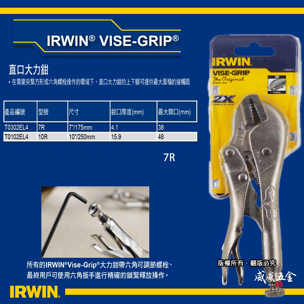 美國 IRWIN 握手牌｜7R｜鐵柄萬能鉗 直口大力鉗 鐵柄強力固定夾鉗 7
