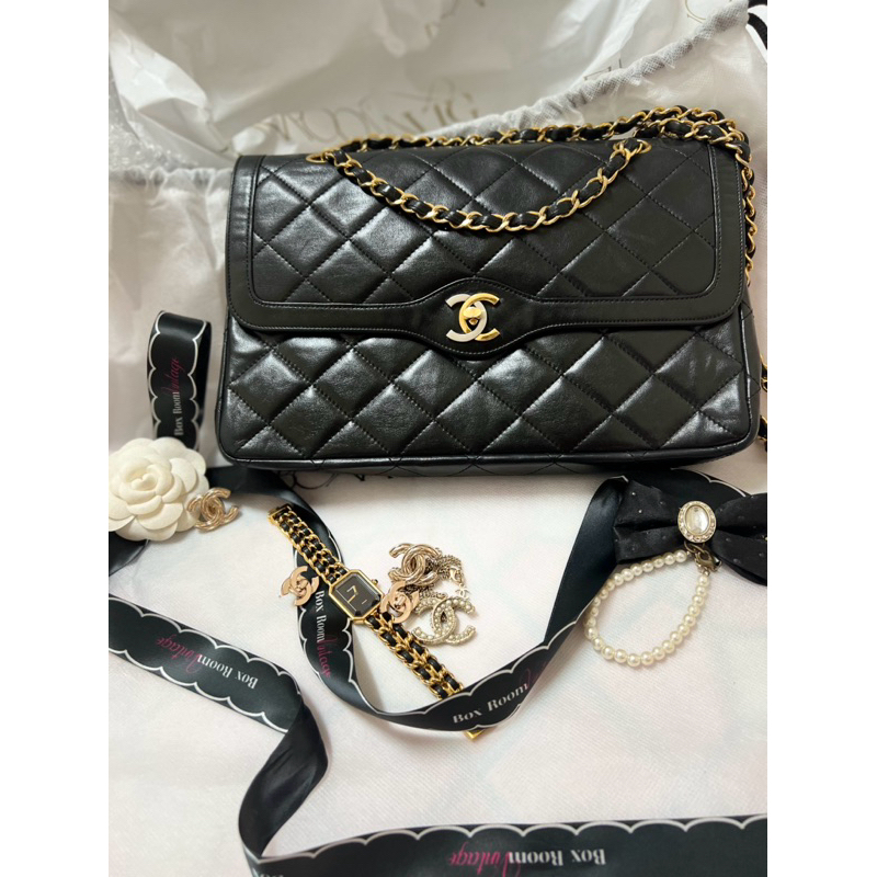 Chanel CF Vintage 黑色 古董包 老香 金銀雙色釦 鴛鴦釦 巴黎總店限定 27公分 天菜包 降價嘍！ | 蝦皮購物